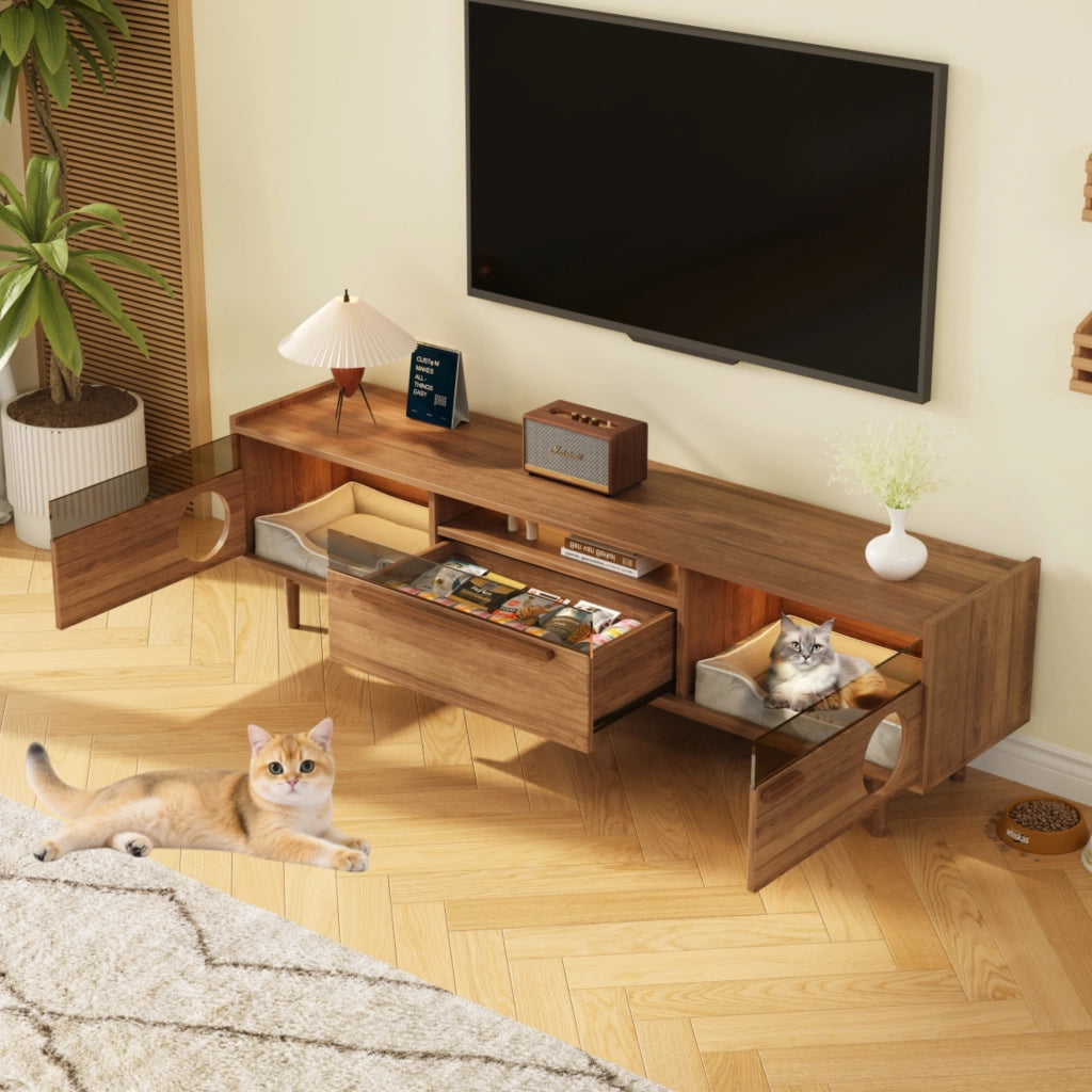 Mobile TV con 2 ante e illuminazione LED; vano per gatti - per soggiorno - 180×40×50 cm - noce