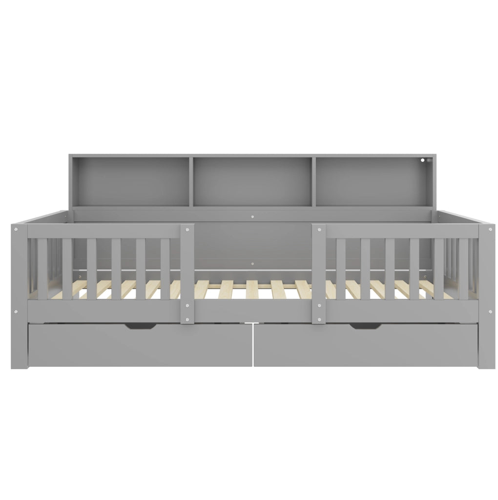 Letto per bambini 90x200 cm con sponda di sicurezza; 2 cassetti; mensole e LED; grigio