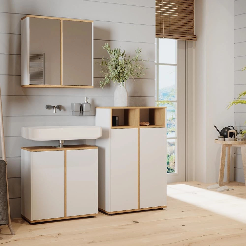 Mobiletto bagno Didi, Bianco/Artisan, 60 x 97 cm con 2 porte, per la conservazione di articoli da bagno e prodotti per la cura personale