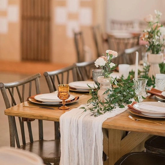 Tavolo da pranzo in tessuto di lino bianco, 90 x 400 cm, ampio, lungo, tavolo da pranzo rustico in gomma, stoffa semi-trasparente romantica, tovaglia da tavolo per cerimonia boho, decorazione per festa di compleanno (bianco - 5 pezzi)