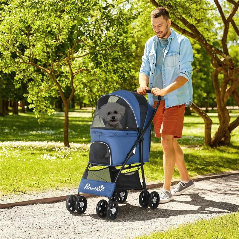 PASSEGGINO PER CANI CON CESTO, CUSCINO E 2 GUINZAGLI, IN ACCIAIO E TESSUTO OXFORD, 81X48X99 CM, NERO E BLU SCURO