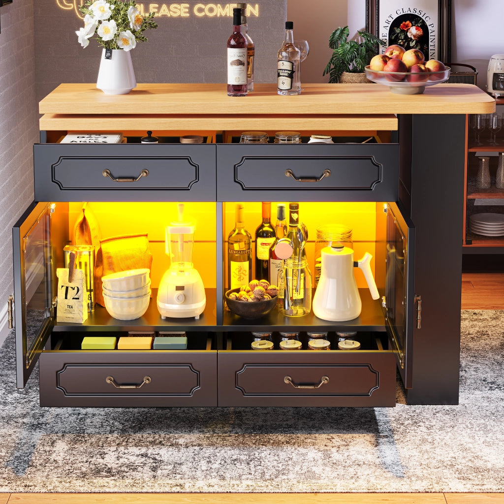 Tavolo Bar Estensibile con 4 Cassetti e Ripiano Laterale; LED e Piano Girevole; in MDF; 135-203x39x92;8 cm