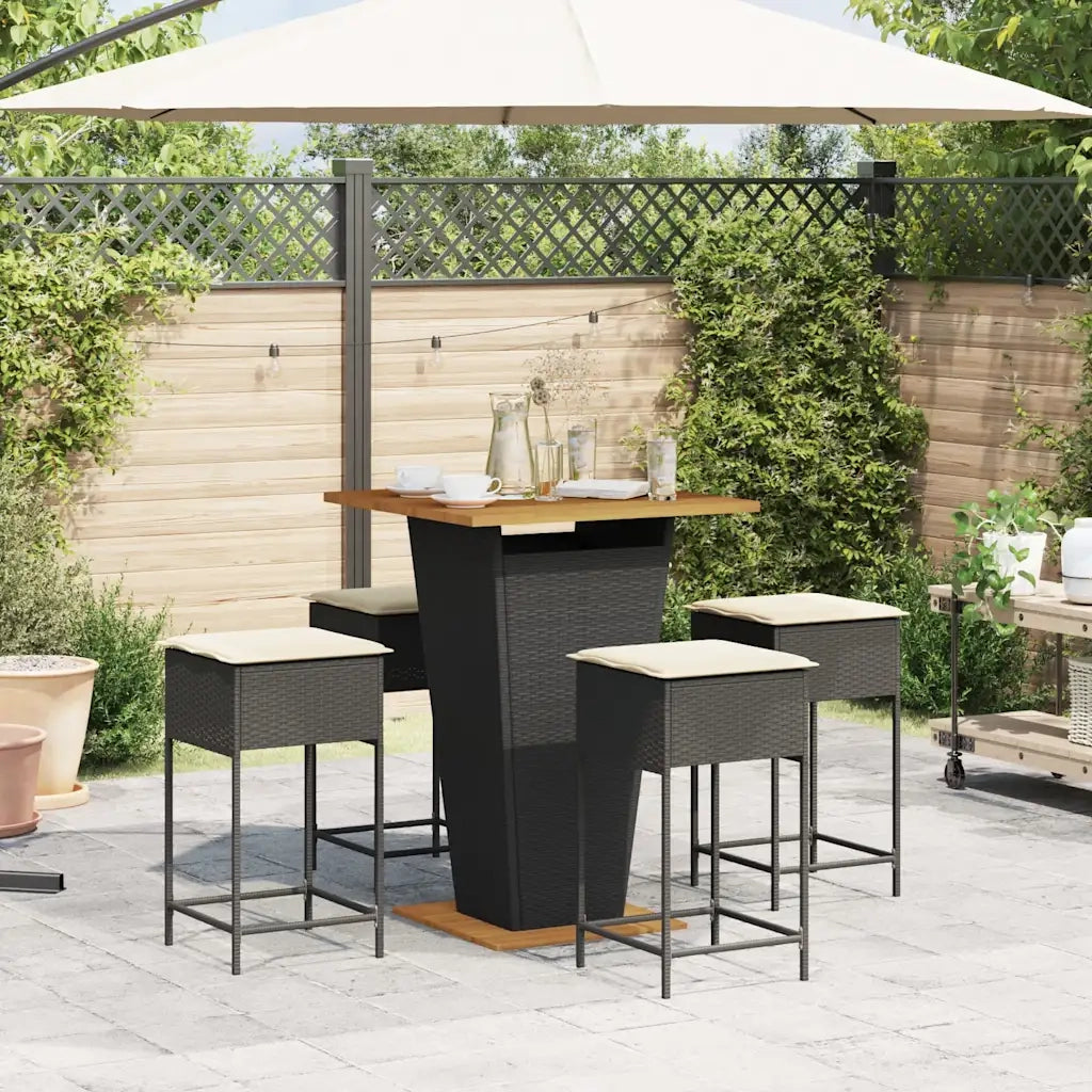 Set Bar da Giardino 5 pz con Cuscini in Polyrattan Nero