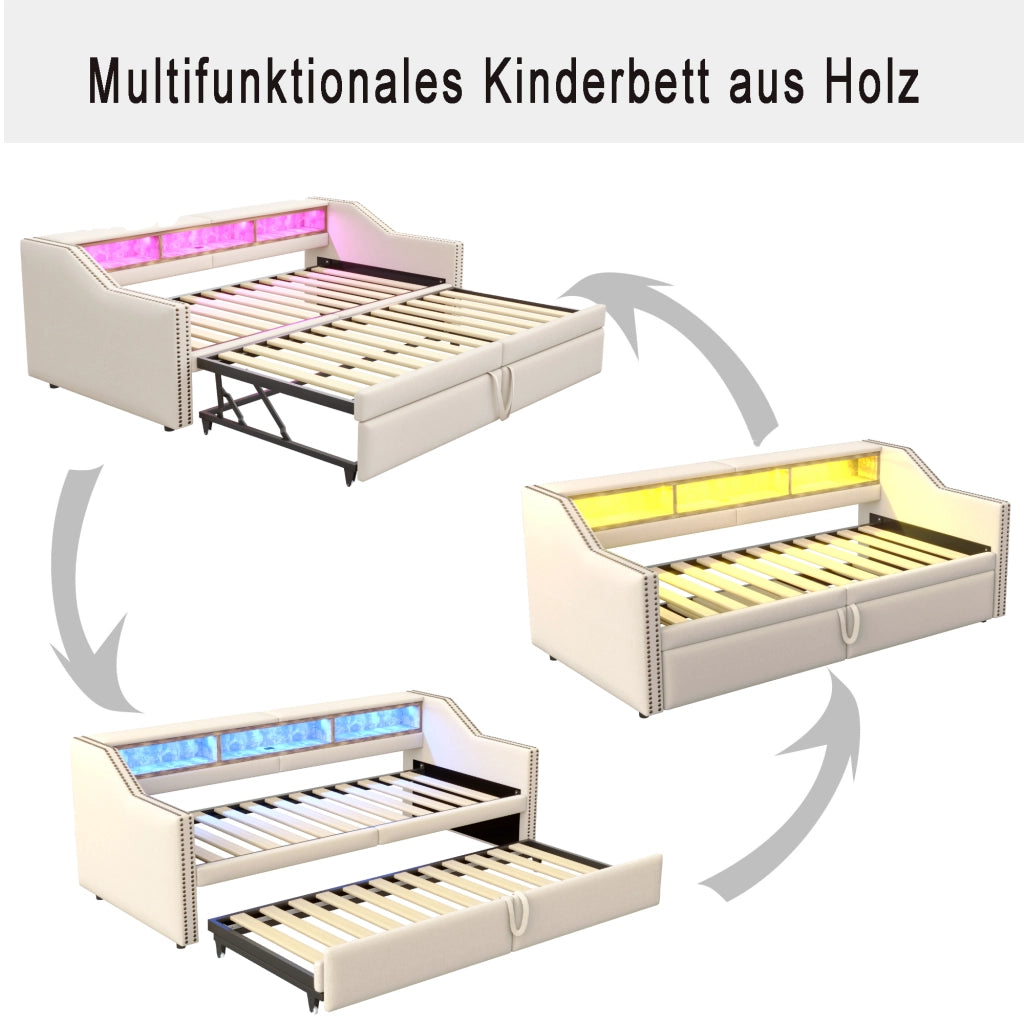 DESMIU Divano letto 90 × 200 cm 1 posto con ripiani, LED, USB e letto estraibile 180 × 200 cm, senza materasso
