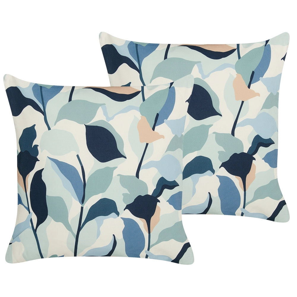 Set di 2 cuscini da giardino per esterni in poliestere con motivo a foglie blu 45 x 45 cm resistente all'acqua