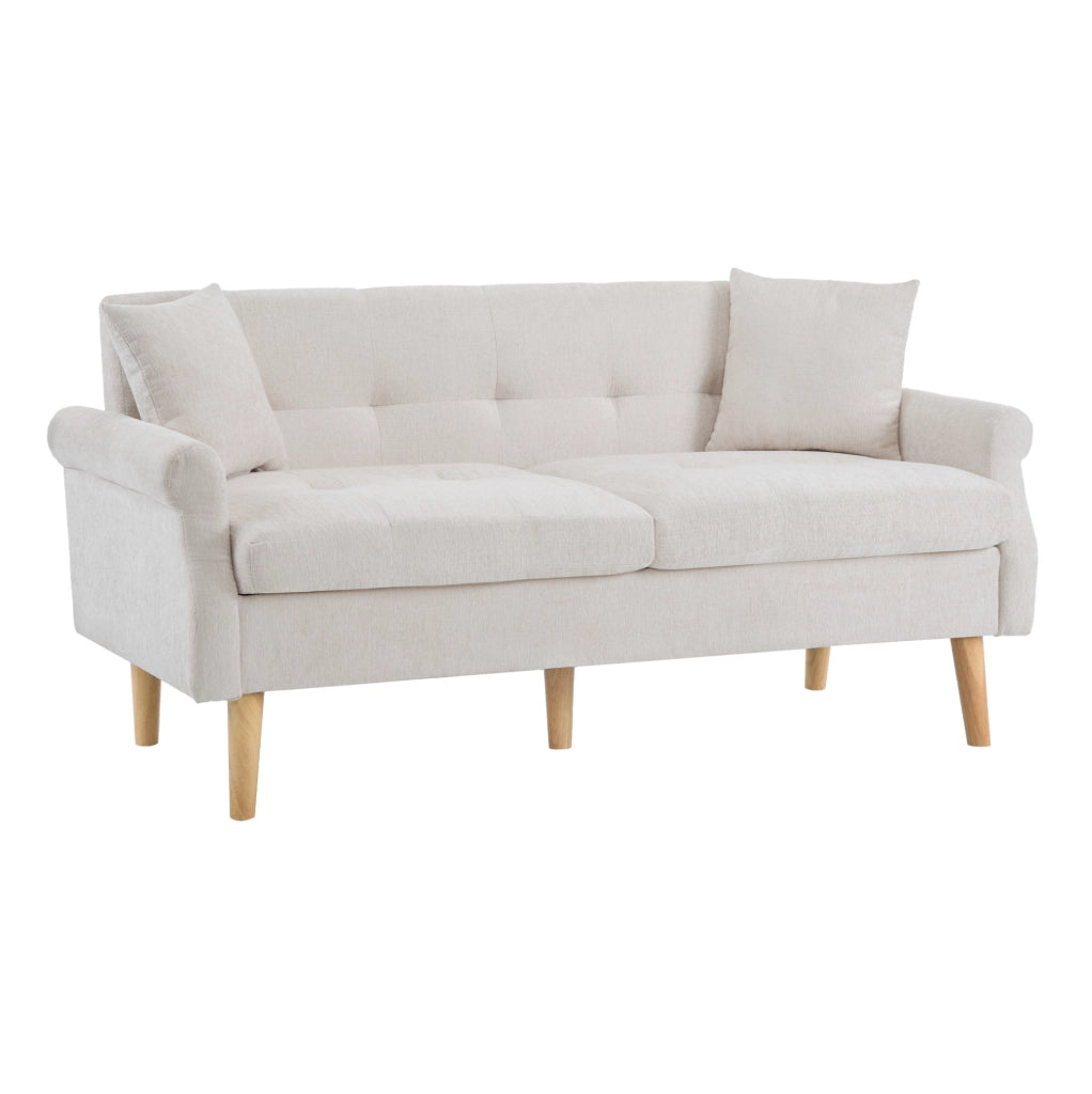 Divano 2 posti in chenille beige con cuscini; 162x74x77 cm