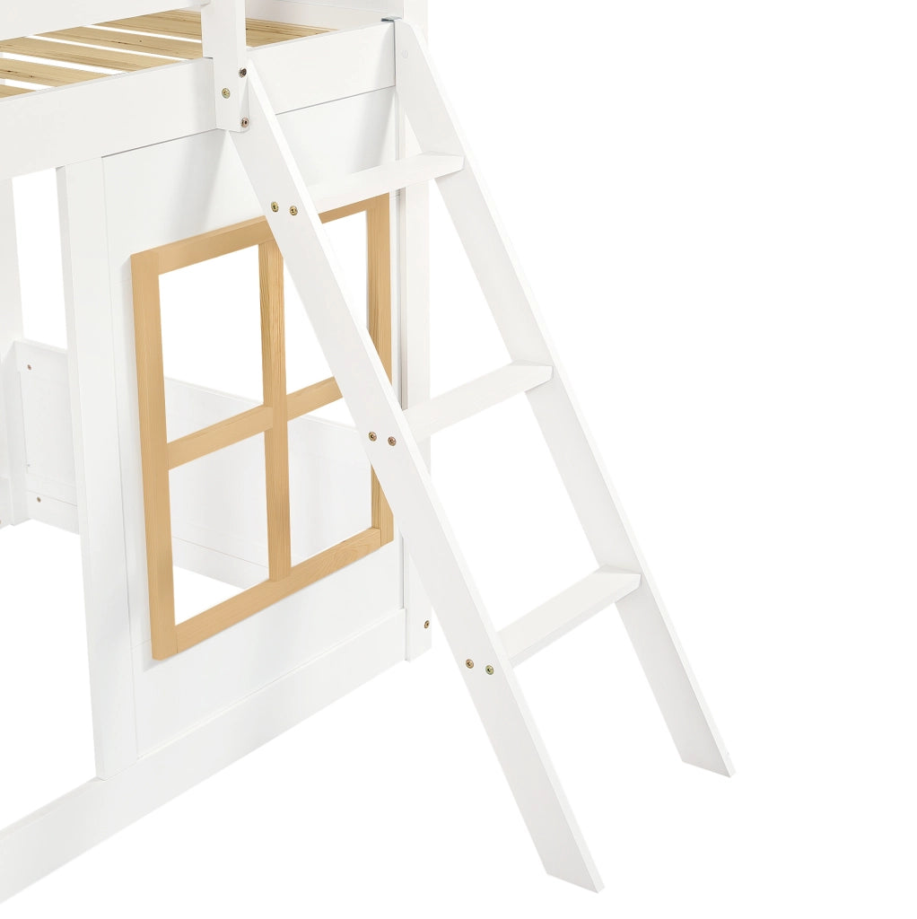 Letto a castello per bambini 90x200 cm con finestre; scala a gradini e protezione su quattro lati