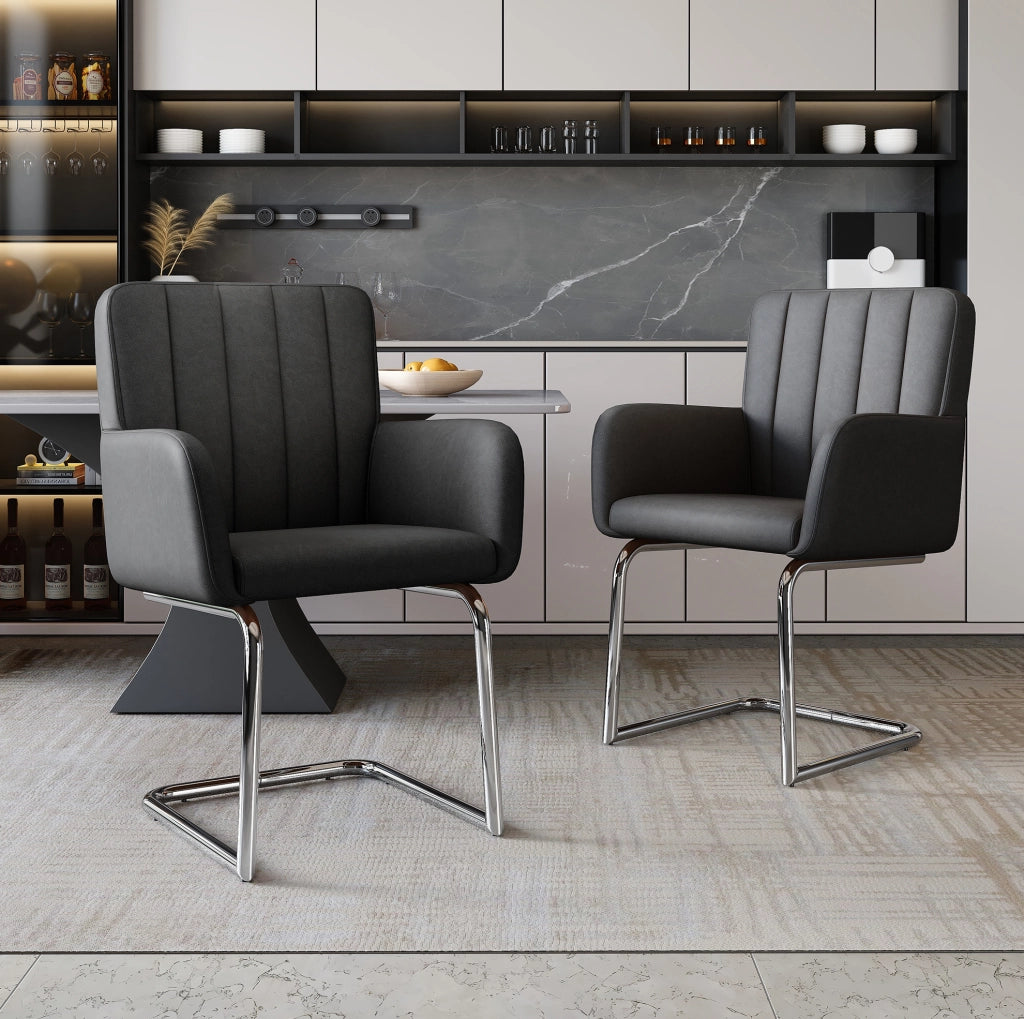 Set 2 sedie da pranzo nere in pelle PU con schienale ergonomico a Z e gambe in metallo