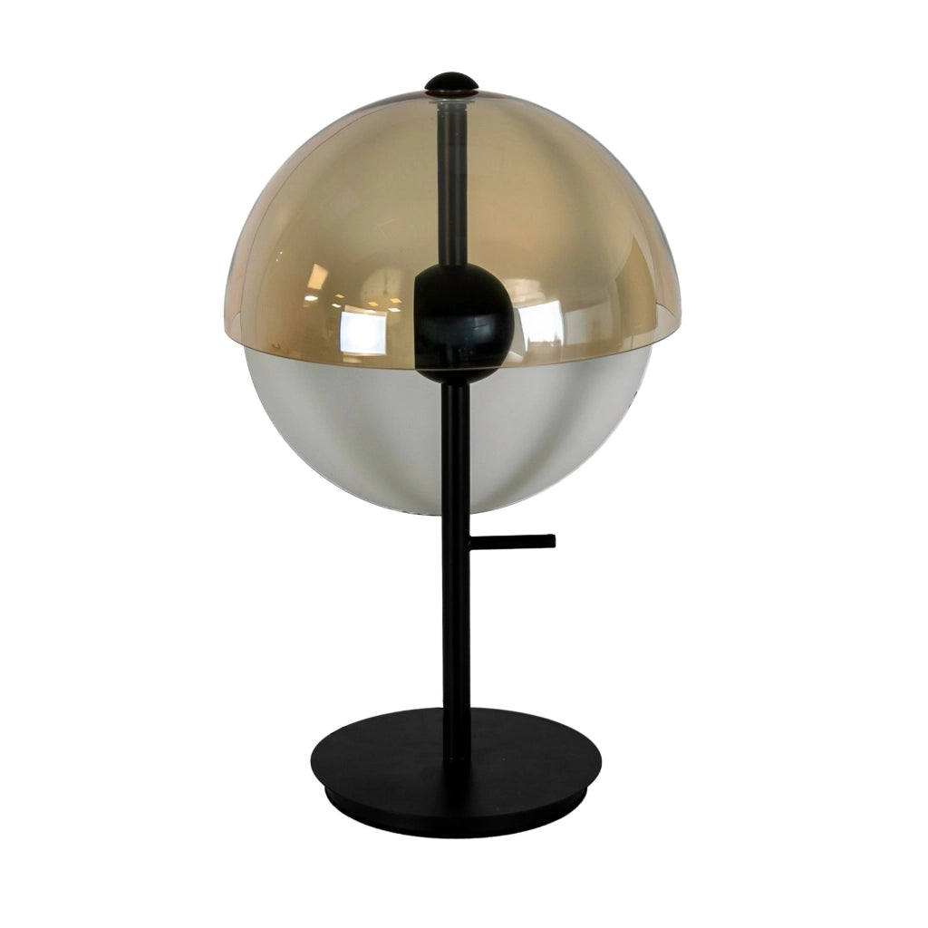 Lampada da tavolo in vetro fumé ambra e acciaio nero e bianco con base in acciaio nero