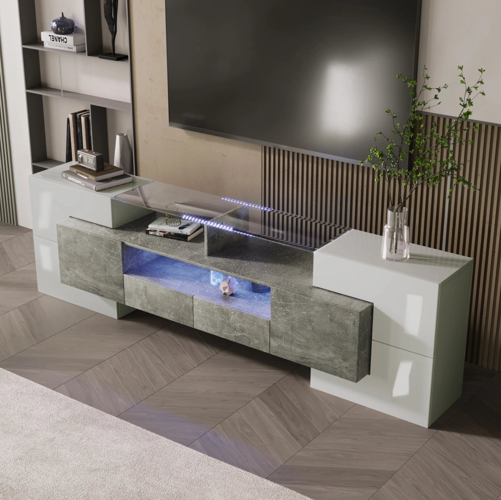 Mobile TV 200x35x60 cm bianco e grigio in MDF, 6 ante e LED