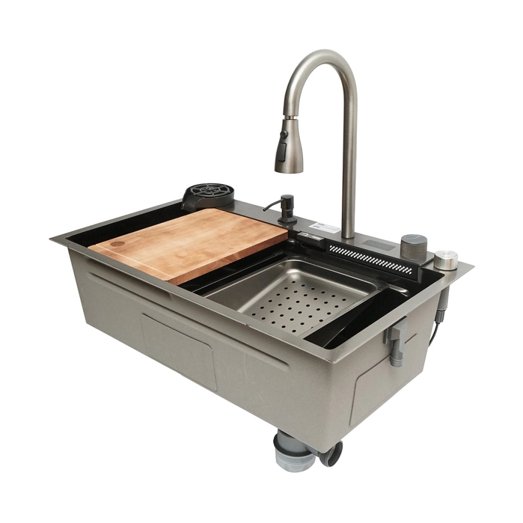 Lavello da cucina multifunzionale in acciaio inox con display digitale della temperatura, funzione cascata, lavapentole, dispenser di sapone, scolapiatti, vassoio, tagliere e accessori inclusi, dimensioni 75×46×23,5 cm.