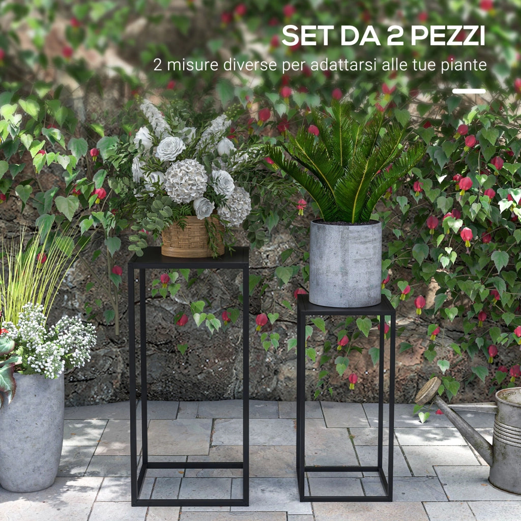 Tavolino da Caff¨¨ Portapiante Set 2 Pezzi ¨C Minimal ¨C Nero, Acciaio, 25x25x58.5 e 31x31x65 cm