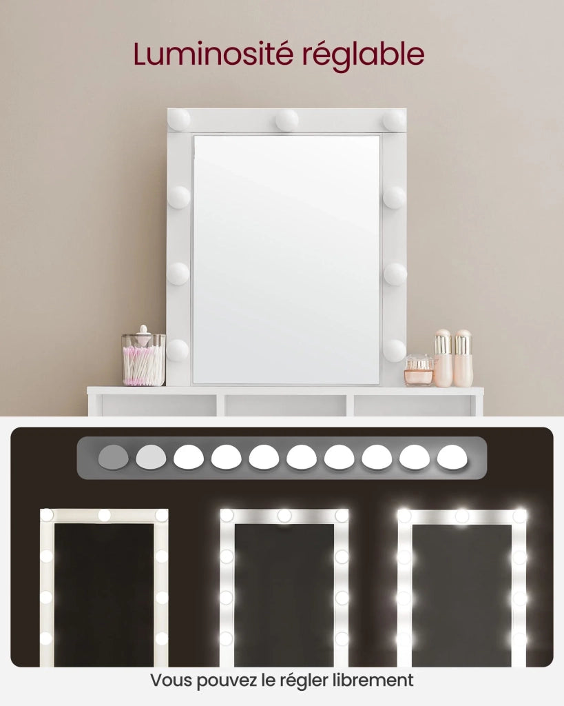 Toletta con specchio e lampadine tavolo da trucco con 2 cassetti e 3 vani portaoggetti stile moderno bianco 12_0005155
