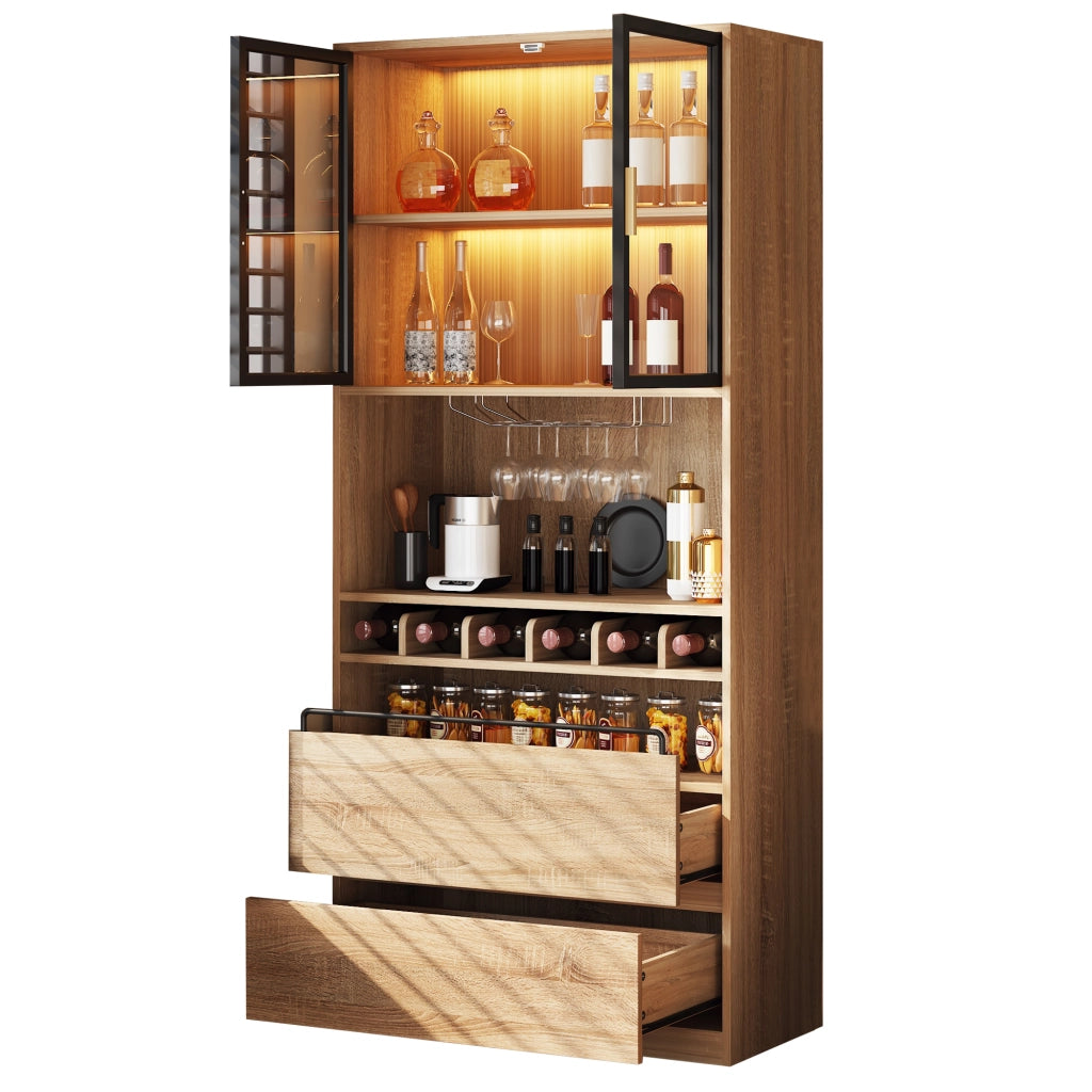 Mobile con ante in vetro; LED e cassetti - per bagno - in MDF - naturale - 180 cm