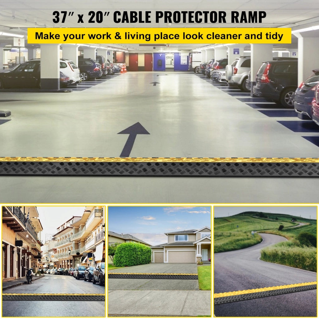 Rampa Passacavo da Pavimento a 3 Canali in Gomma e PVC Pedana Protettiva Carrabile per Cavi Elettrici Nero e Giallo 94,5x50x8 cm