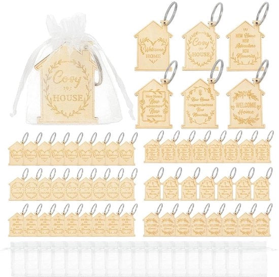 Sostegno per chiavi a forma di casa in legno - 60 pezzi - Sostegni per chiavi a anello - Scatole di organza - Nuove decorazioni per casa - Regali per la famiglia - Sostegno per chiavi per la casa