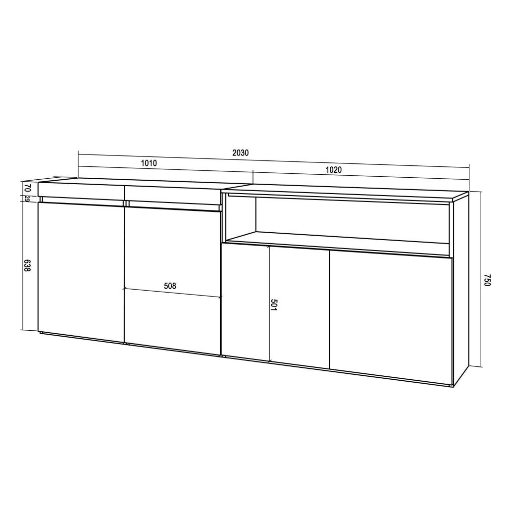 Credenza, Mobile, 200x35x75cm, 4 Porte, grande stoccaggio, Bianco e nero RF2395