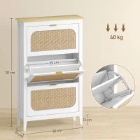 Mobile porta scarpe 21 paia bohémien con 3 cassetti ribaltabili, porte effetto cannage in rattan, 80 x 24 x 131 cm, bianco