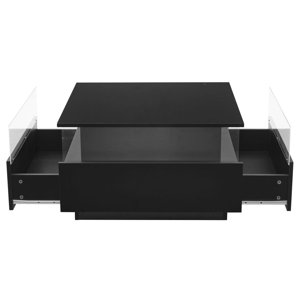 Tavolino da caffè 70x70x41 cm; LED regolabile via app con 2 cassetti; pannello lucido; truciolato nero