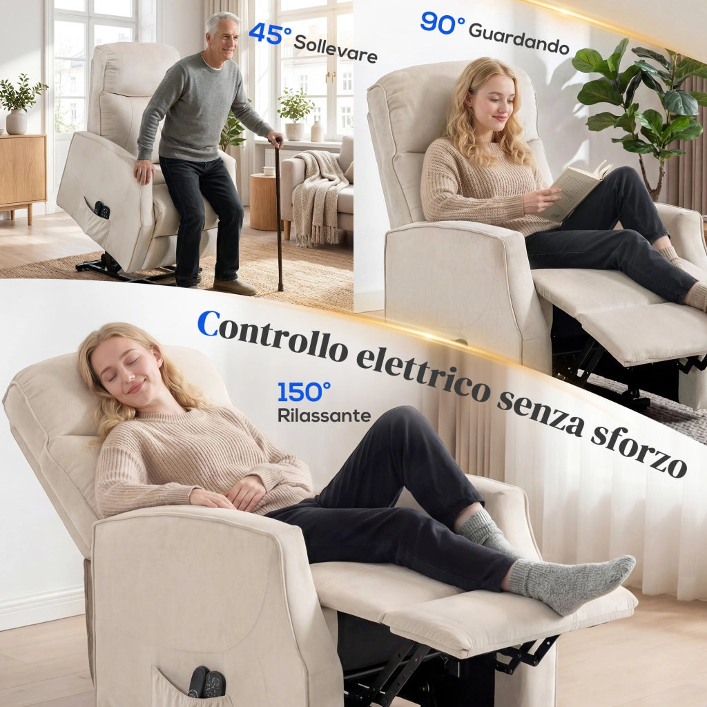 Poltrona Elettrica Alzapersona Massaggiante Relax Imbottitura in Foam e Poliestere Beige