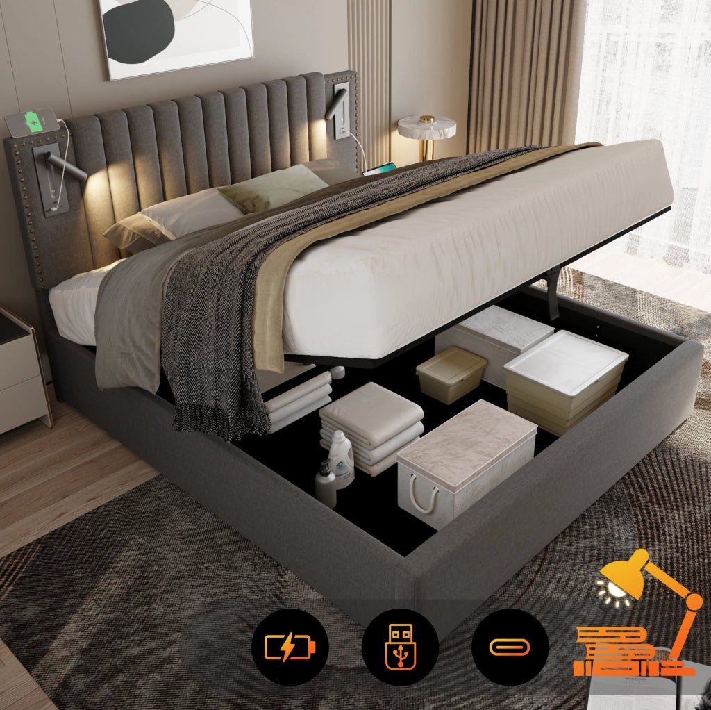 Letto matrimoniale imbottito 140x200 cm grigio con contenitore; luce lettura e porte USB/Type-C