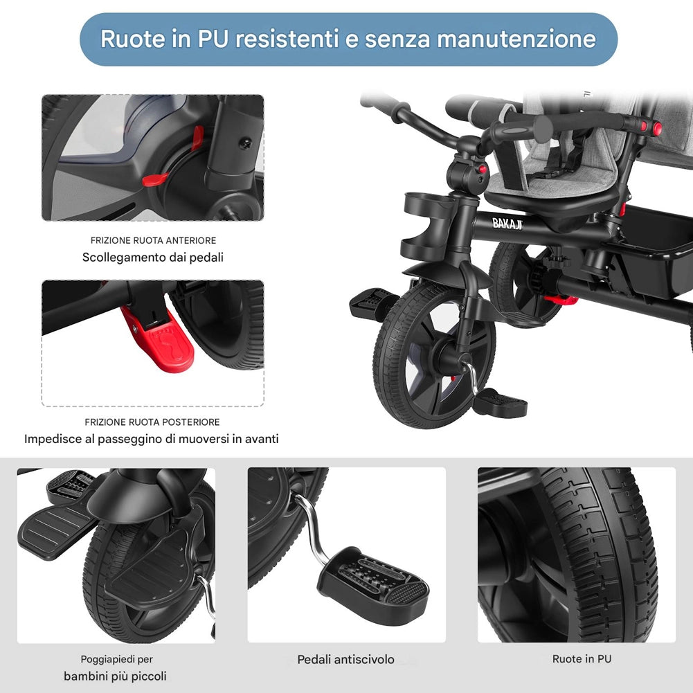 Triciclo Bambini 5in1 con Sedile Girevole 360°, Cappottina, Pedali e Maniglione Regolabile Nero