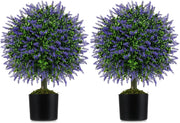 Set di 2 Alberi di Topiario Artificiale con Lavanda, Albero di Bosso Finto da 58 cm con Vaso Riempito di Cemento, Pianta Finta Resistente al Sole per Interni ed Esterni