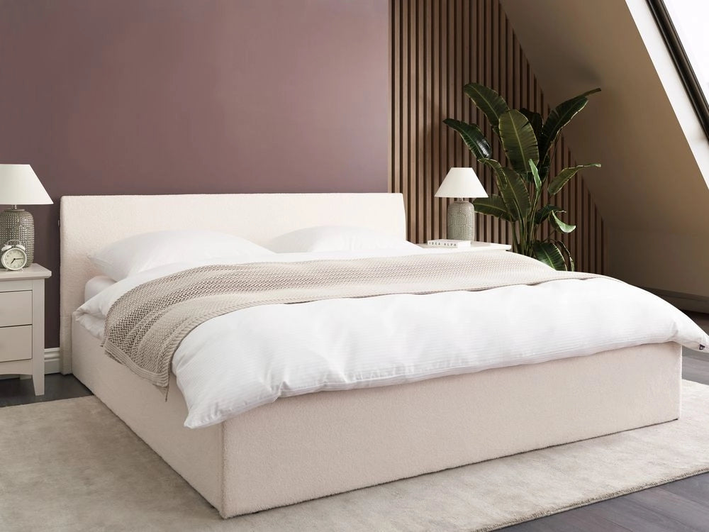 Letto matrimoniale boucle 180 x 200 cm con contenitore rialzato con testiera bianco sporco