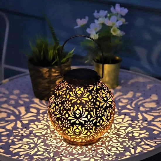Lanterna Solare per Esterni - Lampada da Tavolo - Illuminazione Esterna a Energia Solare - Led Esterna con Sensore di Giorno/Notte - Lampada da Parete - Lanterna da Giardino - 20x20x21CM - Nero - Metallo