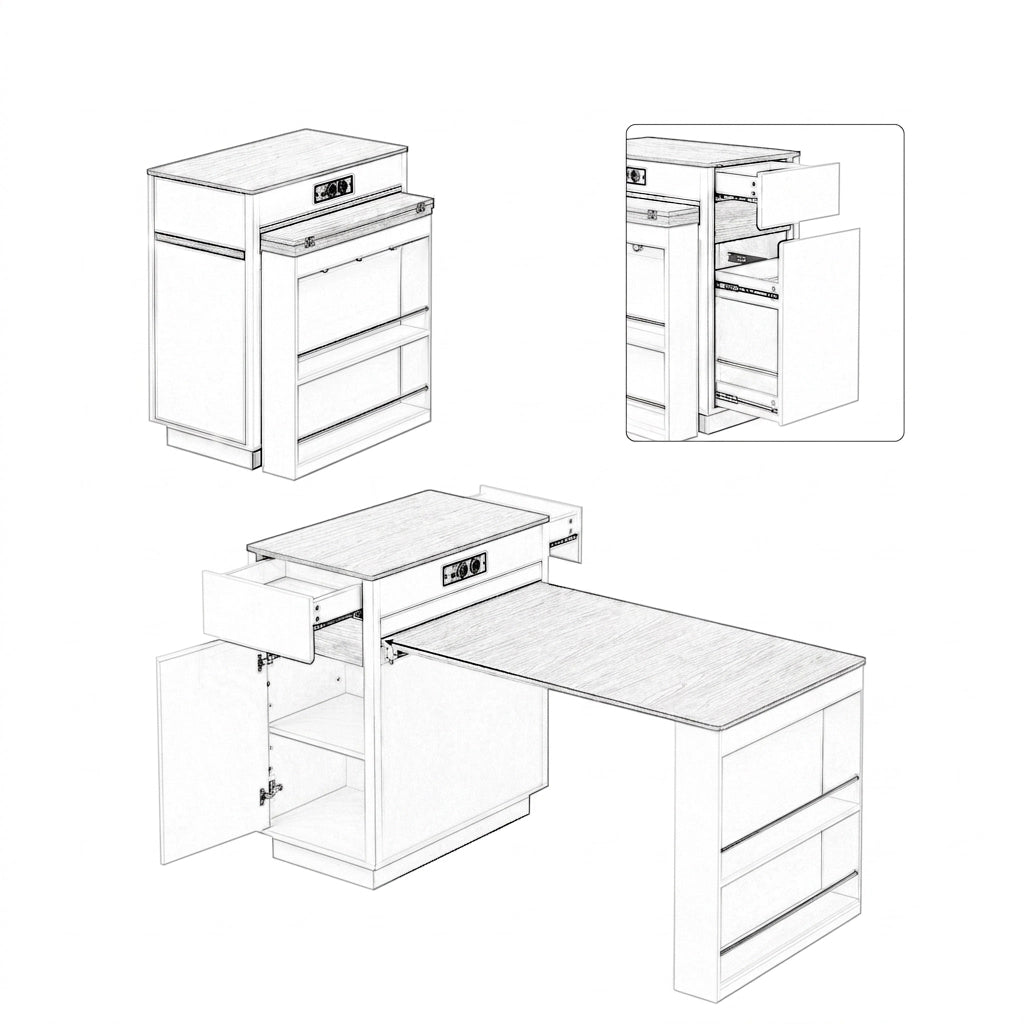 Isola Cucina Mobile con Tavolo Estensibile 154 cm; Illuminazione LED; Prese USB; Ripiani e Cassetti Nero