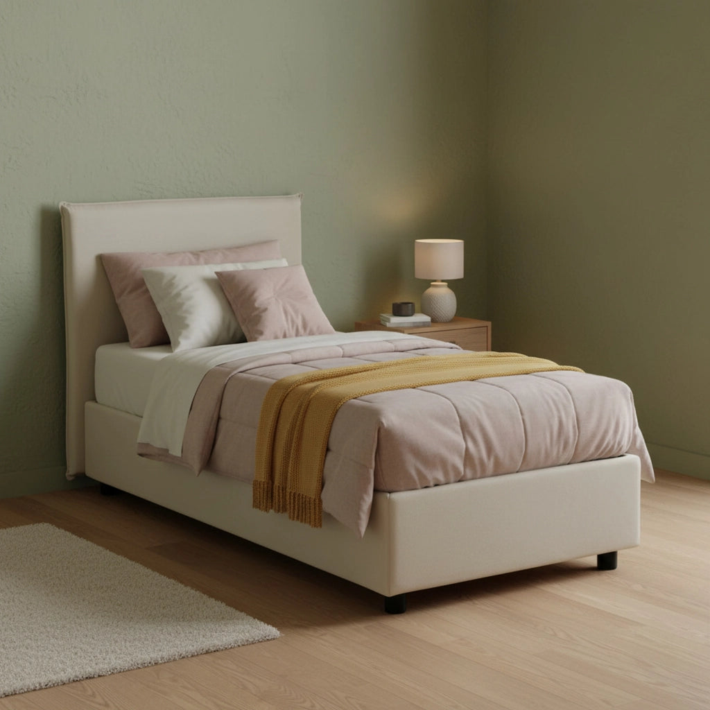 Letto singolo Argentino, Letto contenitore con rivestimento in tessuto, Made in Italy, Apertura frontale, adatto per materasso cm 80x190, Beige