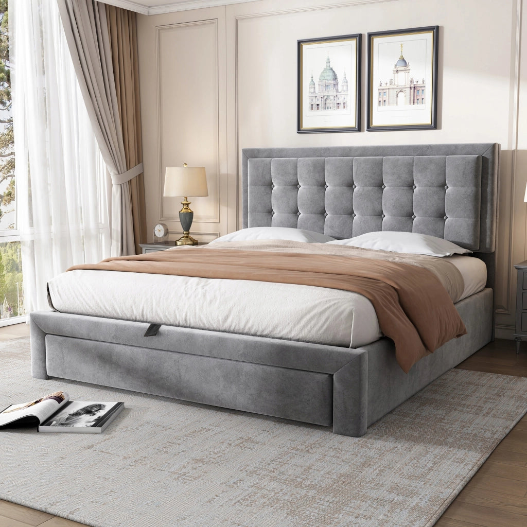 Letto matrimoniale con 2 cassetti - Xylo - 140x190 - Velluto grigio
