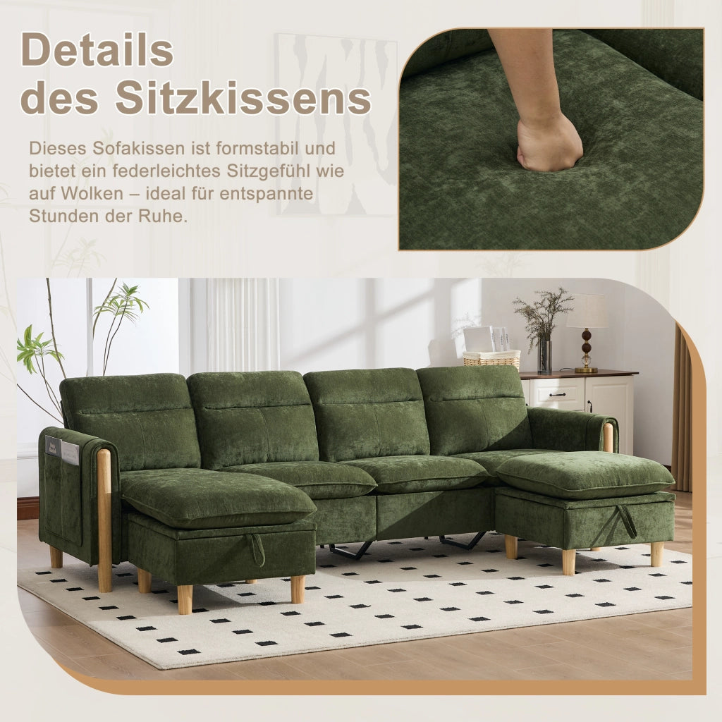 Divano panoramico a U modulare con contenitori e tasche laterali in chenille verde per famiglia 261 × 77 × 86 cm