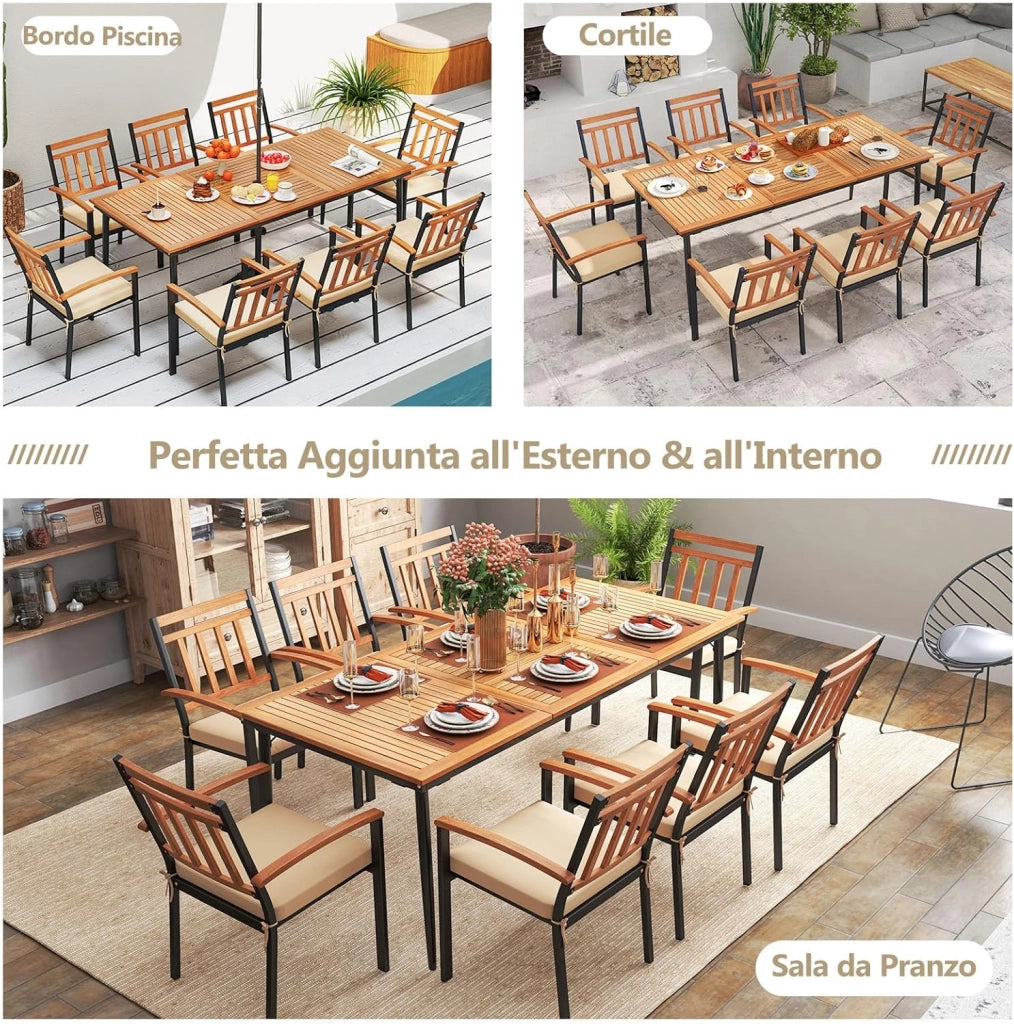 Tavolo da Pranzo a 8 Posti, Tavolo da Giardino 200 cm in Legno di Acacia, con Foro per Ombrellone da 5 cm, Gambe in Metallo, per Giardino, Cortile, Portata 75 kg (Modello 5)