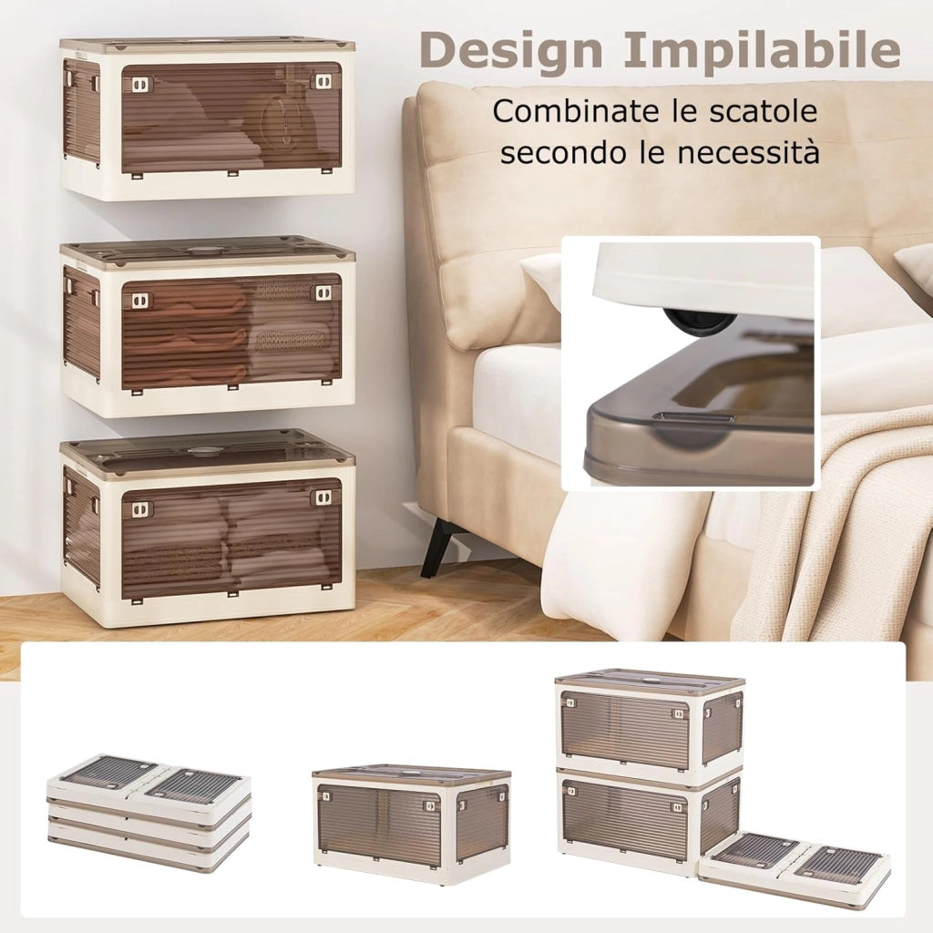 Set di 3 Contenitori Impilabili con Coperchi, Contenitori Pieghevoli in Plastica 132 L, Organizzatore con Ruote per Camera da Letto Soggiorno e Cucina (51,5x36,5x88cm)