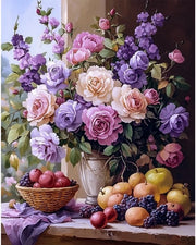 Kit di pittura per adulti - Set di pittura ad olio - Set di acrilici per tela 40 x 50 cm - 3 pennelli set - Fiori/Bois di frutta - Pittura da assemblare