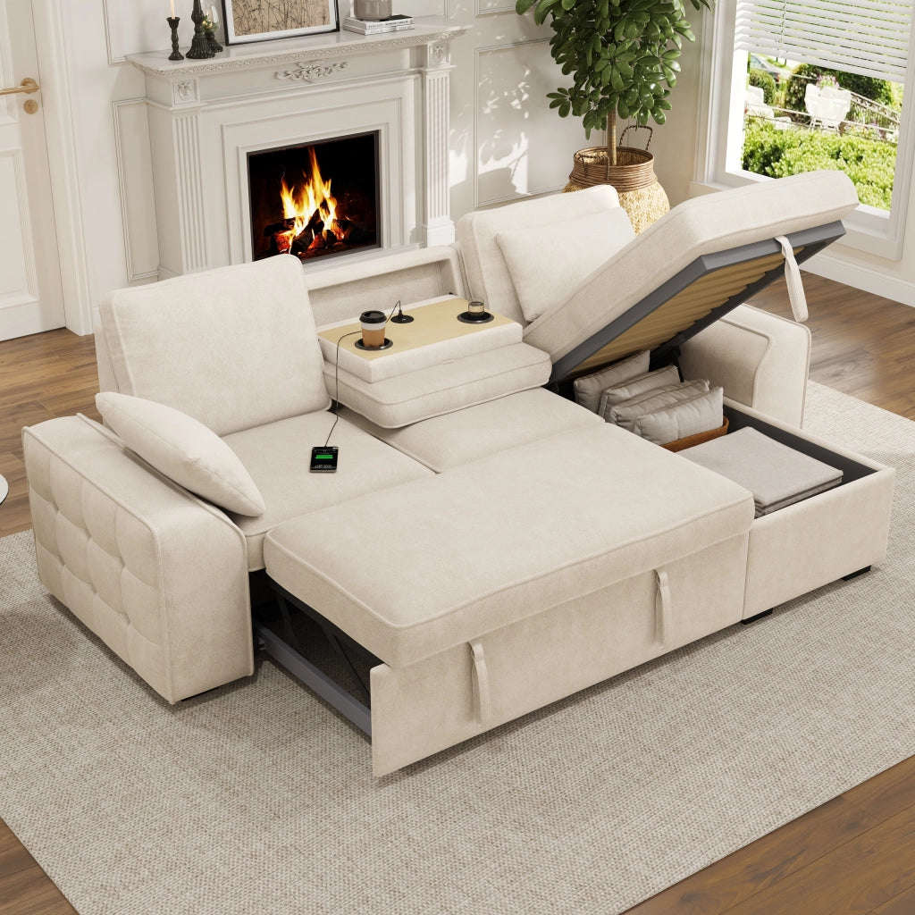 Divano angolare 3 posti convertibile con letto estraibile, contenitore, USB e chenille beige 237 × 141 × 86 cm