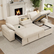 Divano angolare 3 posti convertibile con letto estraibile, contenitore, USB e chenille beige 237 × 141 × 86 cm