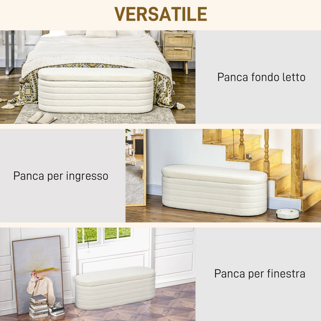 Panca Fondoletto con Vano Contenitore 116x41x40,5 cm in Tessuto Teddy Crema