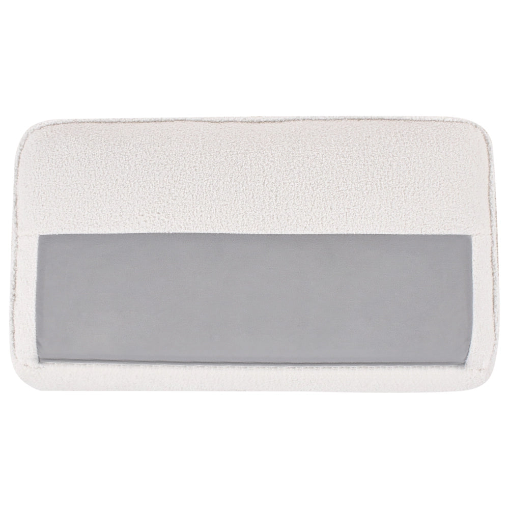 Poltrona in tessuto boucle bianco con cuscini e gambe in metallo stile moderno minimalista