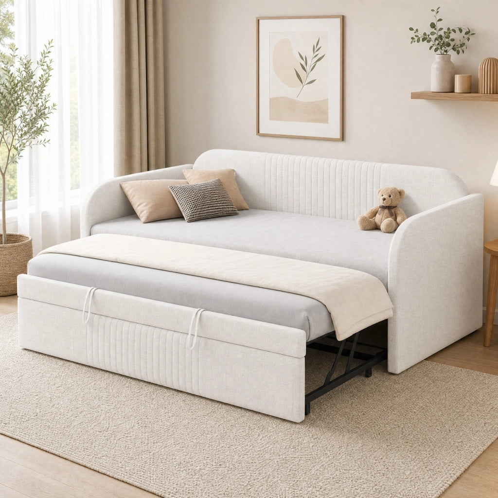 Divano letto imbottito allungabile 90/180x190 cm Beige con rete a doghe, tessuto in lino, senza materasso