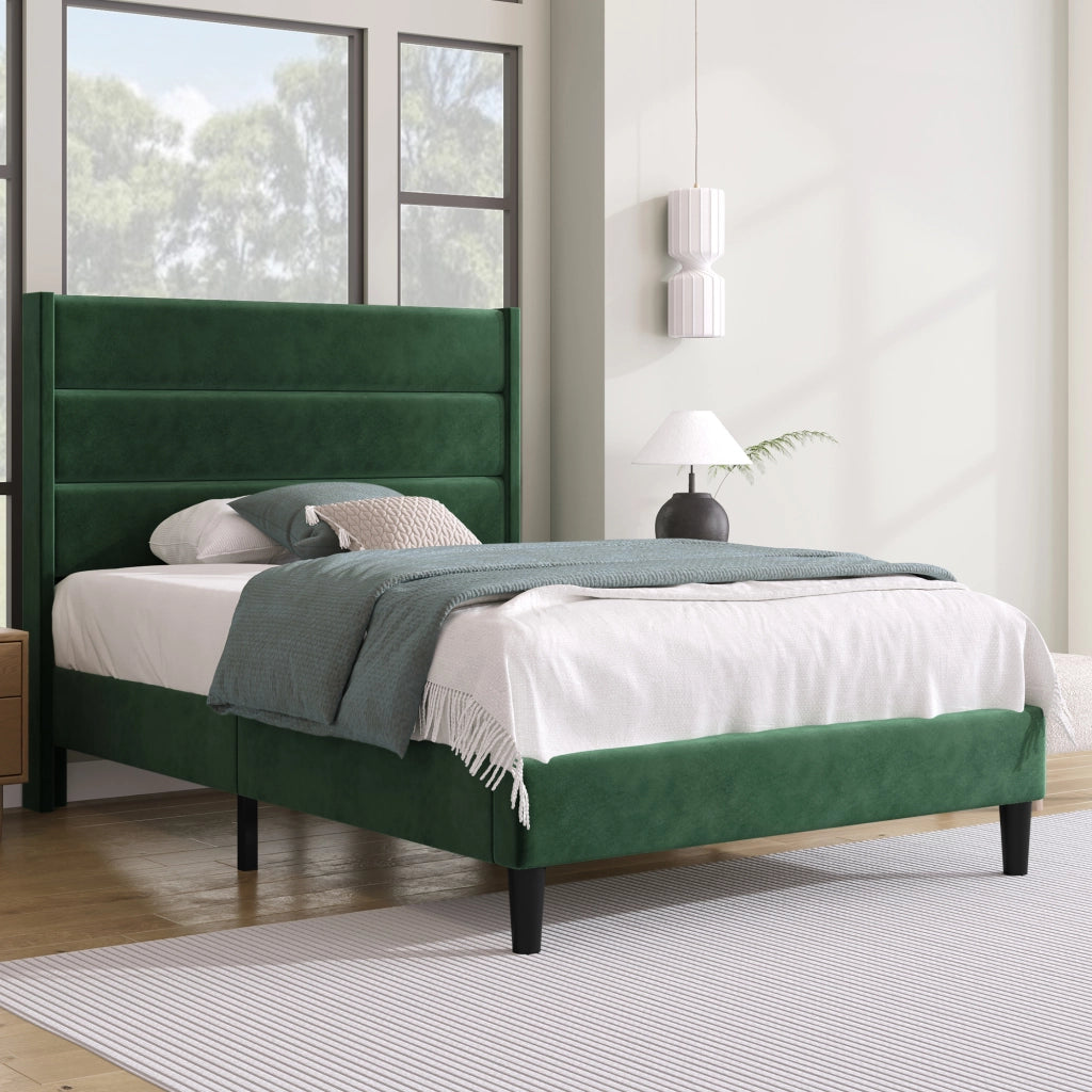 Letto Singolo 90 x 200 cm; 1 Posto con Testiera Imbottita; senza Materasso; in Velluto; Verde Scuro