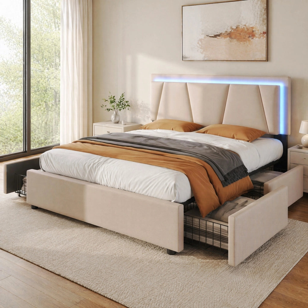 Letto matrimoniale 140x200 in beige con LED, 4 cassetti, testiera regolabile e struttura in ferro