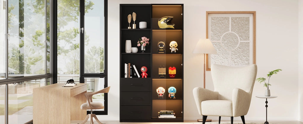 Libreria vetrina con LED e 3 cassetti, con 3 vani aperti e porta in vetro temperato, nero, 80 × 40 × 160 cm