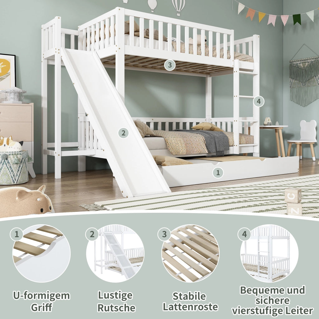 Letto a Castello con Letto Estraibile; Rampa e Scale; 90x200 e 90x190 cm; Bianco
