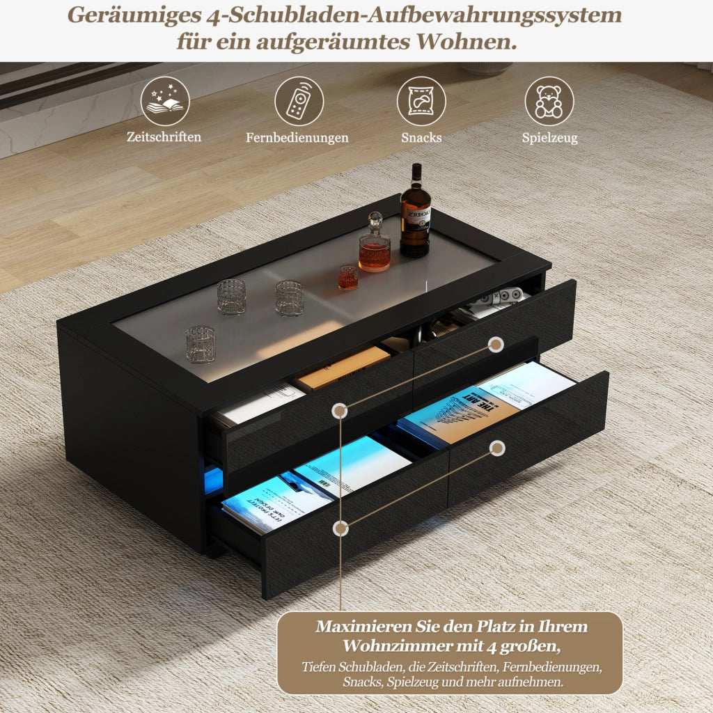 Tavolino da caffè nero con 4 cassetti, piano in vetro temperato e LED