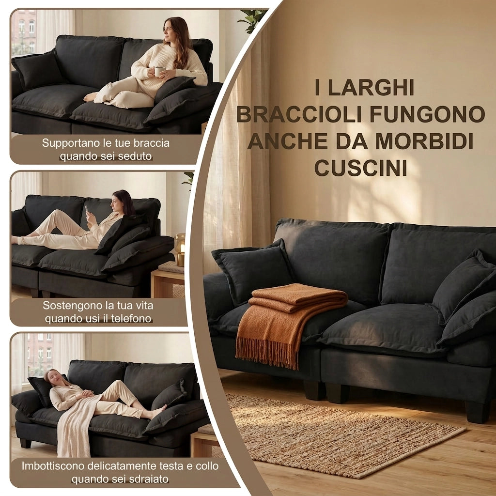 Divano modulare a L nero 3 posti in ciniglia con pouf; porta USB e portabicchieri; 224x151x90 cm