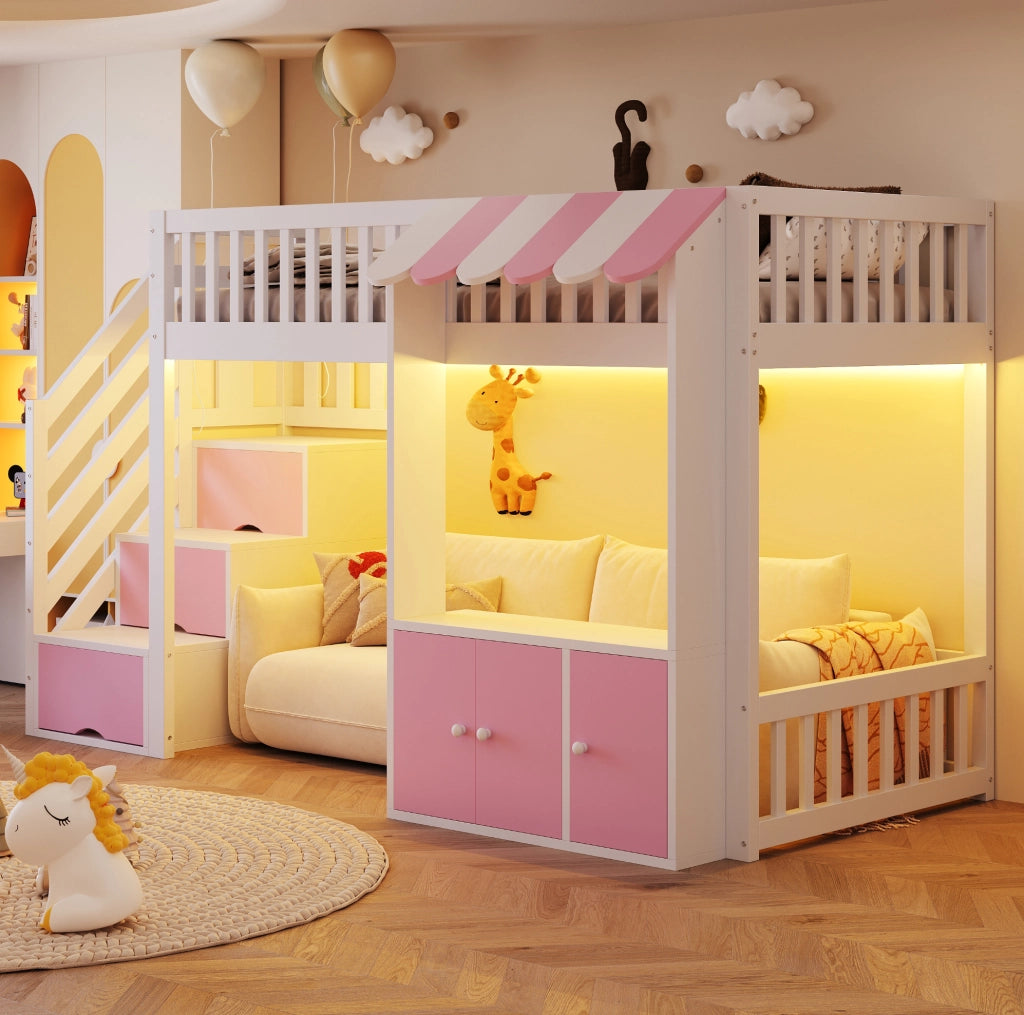 Letto a soppalco 90x200 cm rosa e bianco con scala contenitore e luci LED