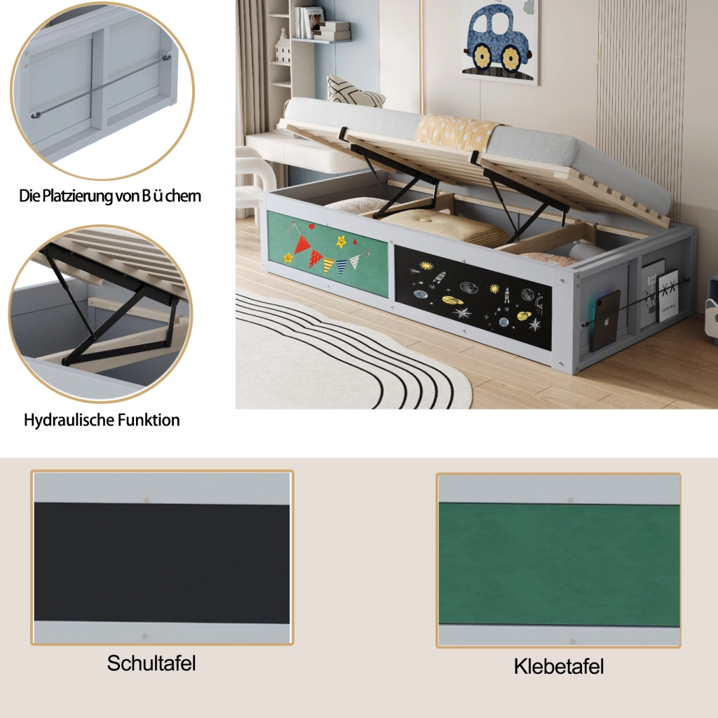 Letto contenitore 90 × 200 cm con spazio libri lavagna e pannello in feltro legno grigio