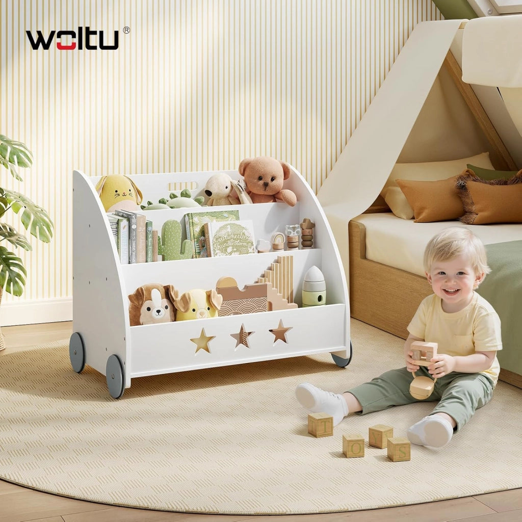 Libreria per bambini in legno, scaffale per giocattoli a 3 livelli, organizza libri con ruote cameretta, bianco